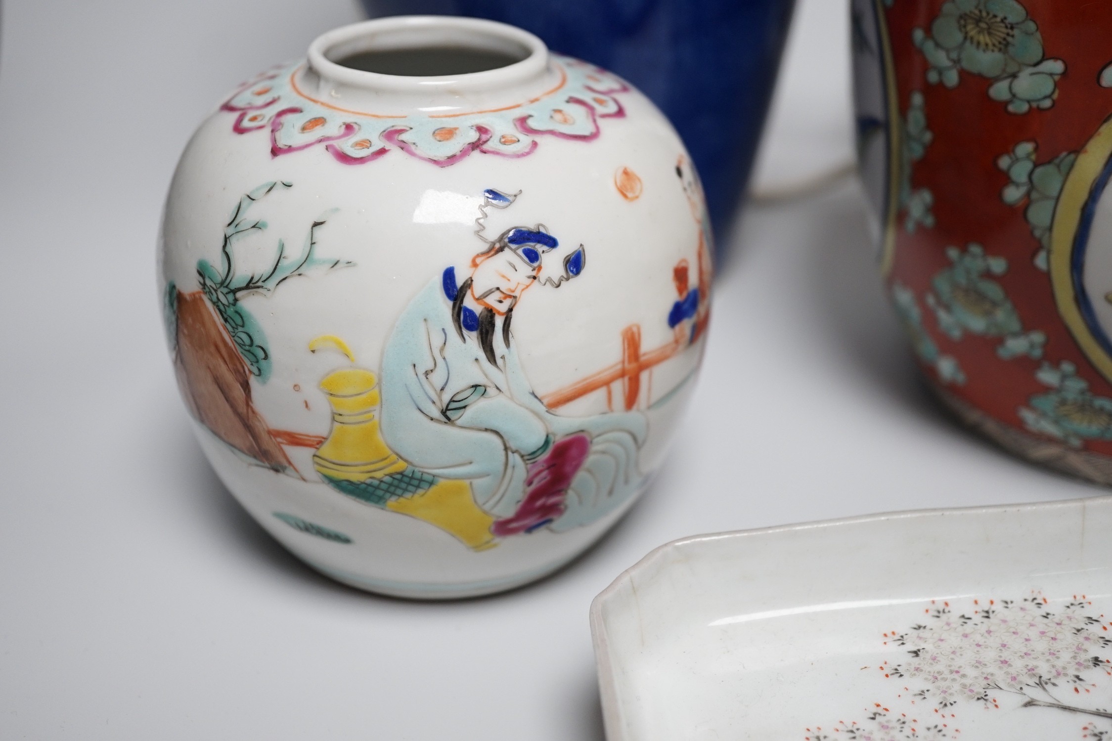 A group of Chinese famille rose jars, Paris porcelain lamps etc - tallest 34.5cm